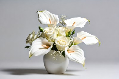 White flowers in a vase with greenery