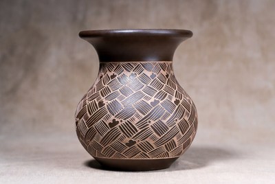 Designed clay pot on display
