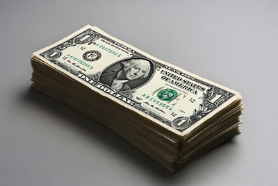 Stack of one dollar bills on a gray surface