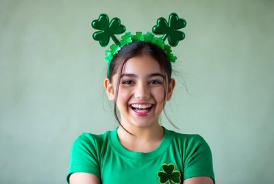 Girl wearing green shirt and shamrock headband