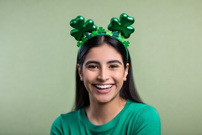 Smiling woman with shamrock headband