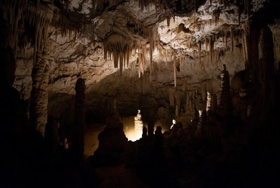 Cave with rock formations and lighting