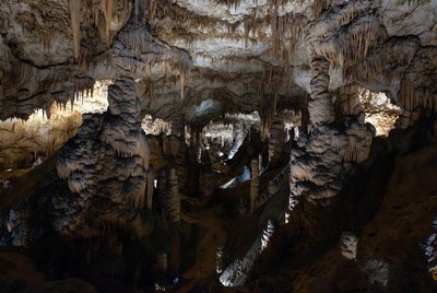 Caving among rock formations at dusk