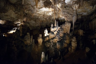 Stalactites and stalagmites in a dark cave