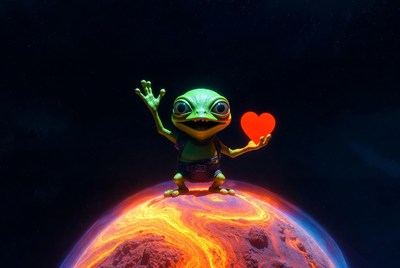 Frog character holds heart in space