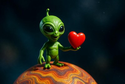 Green alien holds red heart on planet
