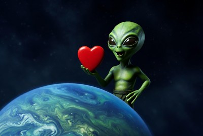 Alien holding heart on earth