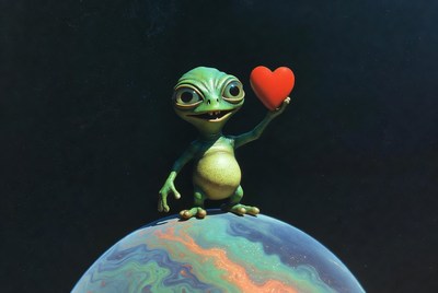 Small creature holding heart in space