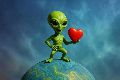 Green alien holds heart on planet