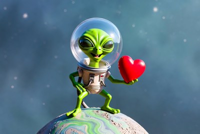 Green alien with heart in space