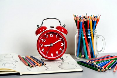 Red clock and colored pencils on desk