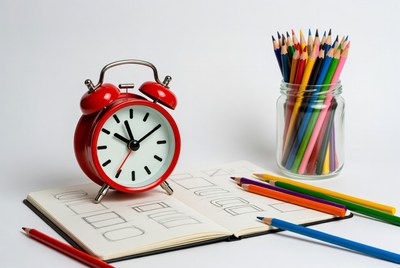 Red clock and colored pencils on table