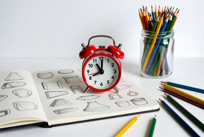 Clock and drawing tools on table