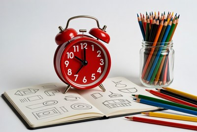 Clock and colored pencils on desk
