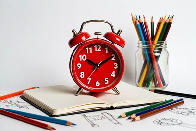 Red clock with colored pencils on table