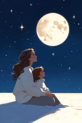 Mother and child under the night sky