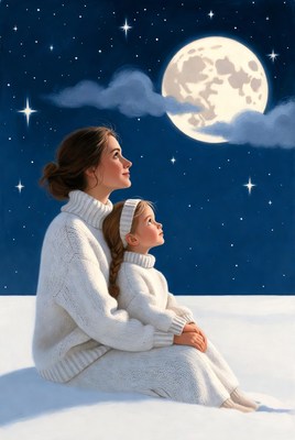Mother and daughter under moonlight