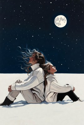Two figures under a night sky