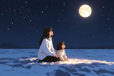 Mother and child under the moon