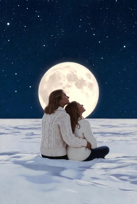 Couple sitting together under the moon