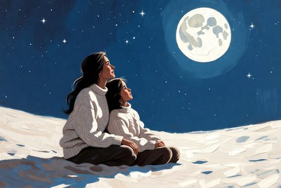 Mother and child watch the moon
