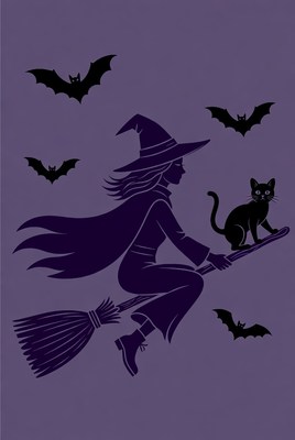 Witch riding broom with cat and bats