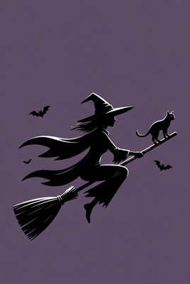 Witch flying with cat on broom