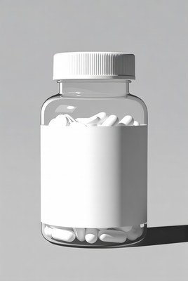 White bottle with pills on gray background