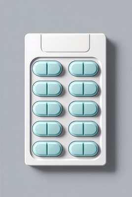 Medicine pack with blue pills on grey surface
