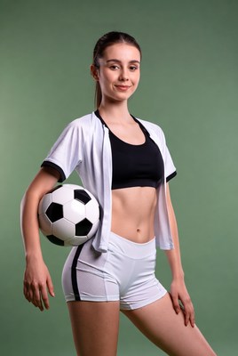 Young woman holds soccer ball