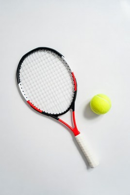 Tennis racket and ball on white surface