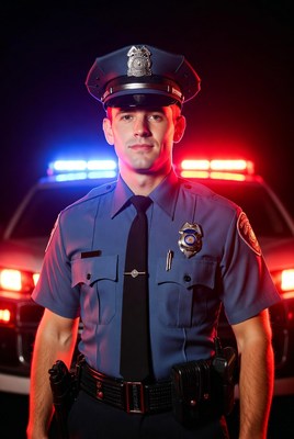 Police officer stands with patrol car lights