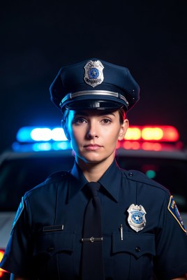 Police officer stands near patrol car