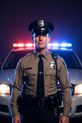 Police officer in front of vehicle