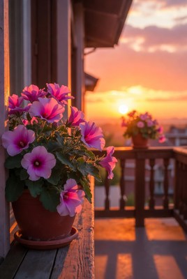 Flowers on balcony at sunset