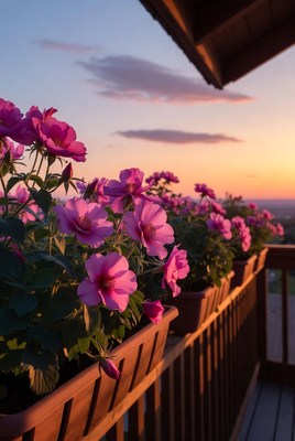 Flowers on balcony during sunset