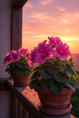 Flowers on balcony at sunset