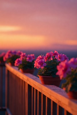 Flowers on balcony during sunset