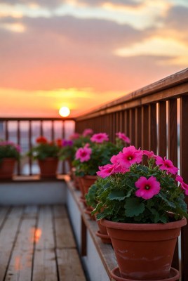 Flowers on the balcony at sunset