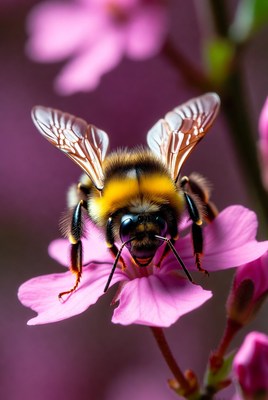Bee on pink flower in spring