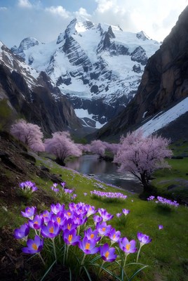 Mountain valley with flowers and trees