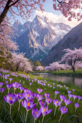 Blooming flowers by mountain river