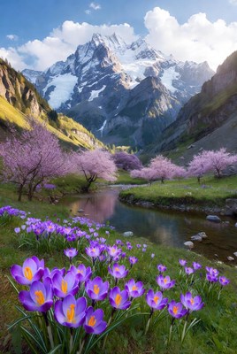 Spring blooms near mountain stream