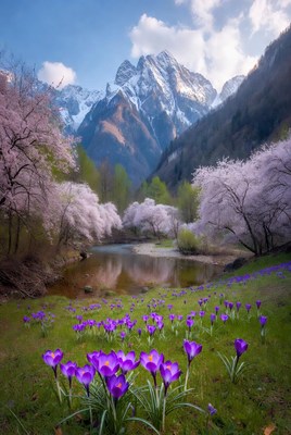 Mountain landscape with blooming flowers