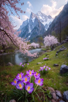 Mountain blooms by the river during spring