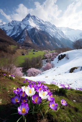 Crocuses bloom in the mountains during spring