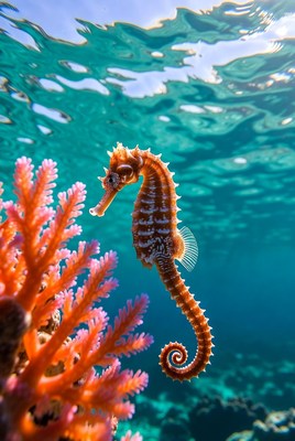 Seahorse swimming near coral reef