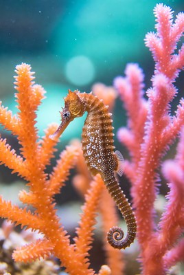 Seahorse swimming near coral