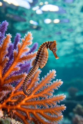 Seahorse swimming near coral reef