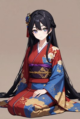 Woman in colorful kimono seated